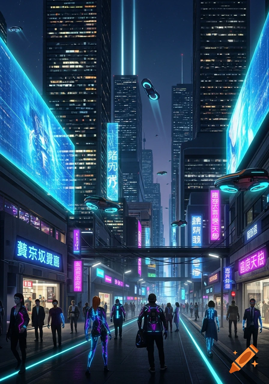 A dark, futuristic city street scene at night with glowing neon signs ...