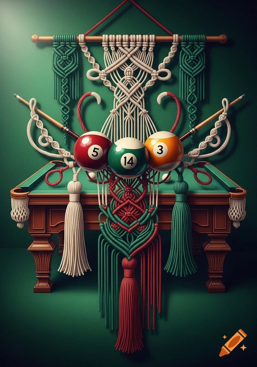 Green, white, and red macramé art featuring three billiard balls (5, 14, 3) and cues above a billiard table.