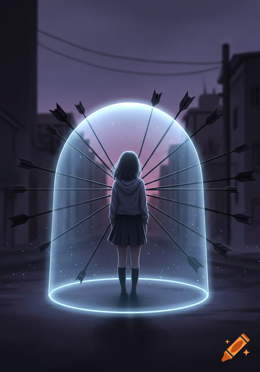 A lonely girl's back, standing inside a glowing blue shield deflecting arrows in a dark city street, anime style.