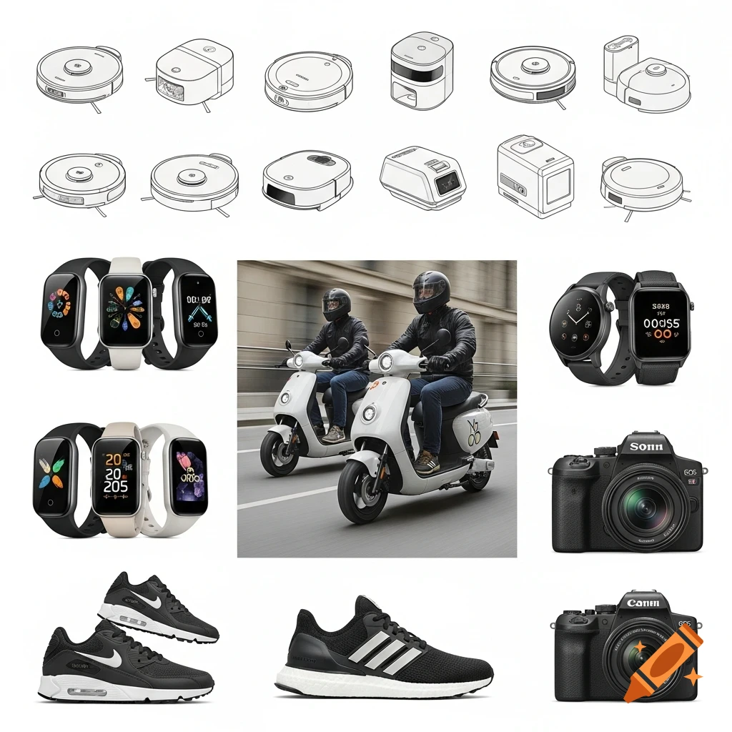 A grid of various products including robot vacuum cleaner sketches, smartwatches, two men riding electric scooters, black sneakers, and digital cameras.