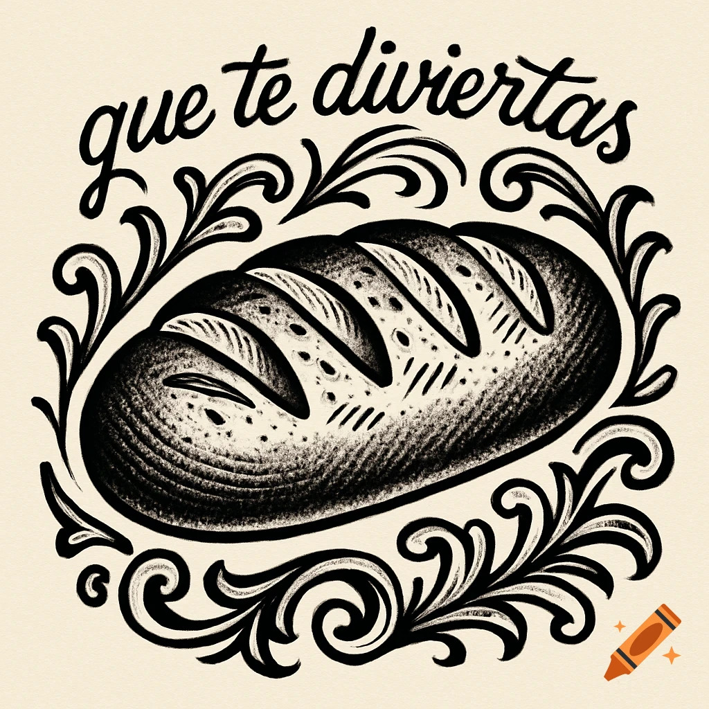 Black and white traditional tattoo style illustration of a loaf of bread framed by ornate scrollwork, with the phrase 'que te diviertas' written above it.