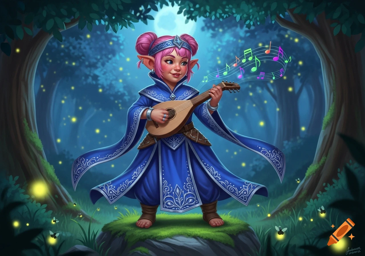 Cartoon halfling bard with pink hair plays a lute, musical notes floating, in a magical moonlit forest with fireflies.
