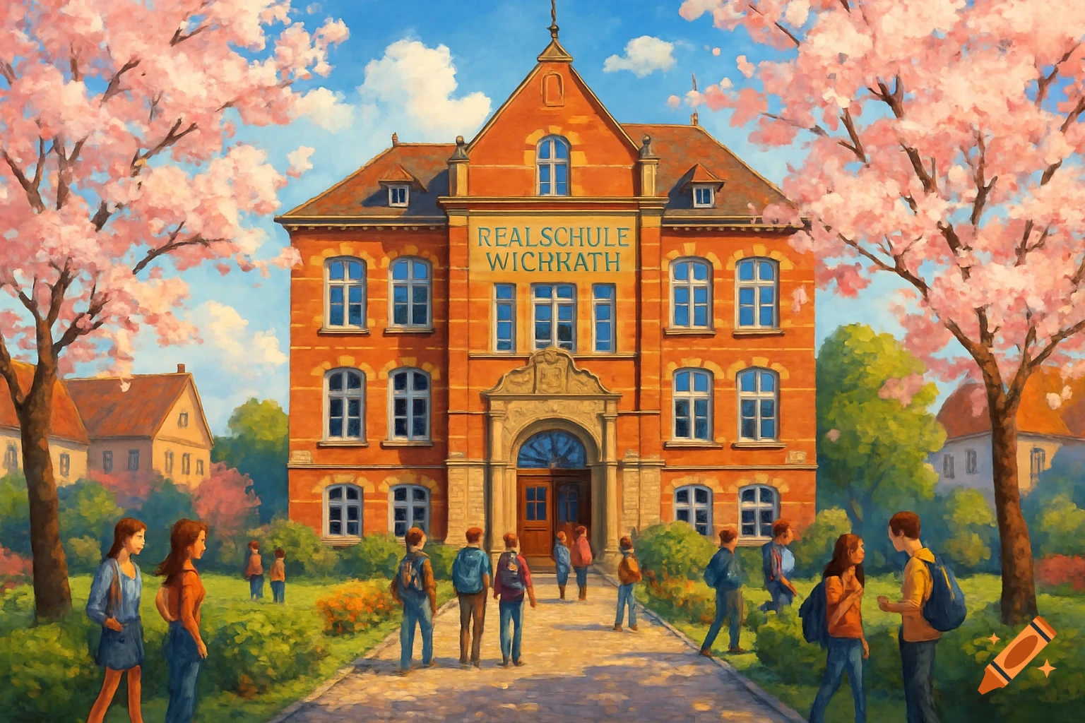 A vibrant, painterly scene of an orange brick school building with "REALSCHULE WICHRATH" written on it, surrounded by pink cherry blossom trees and students on a sunny day.