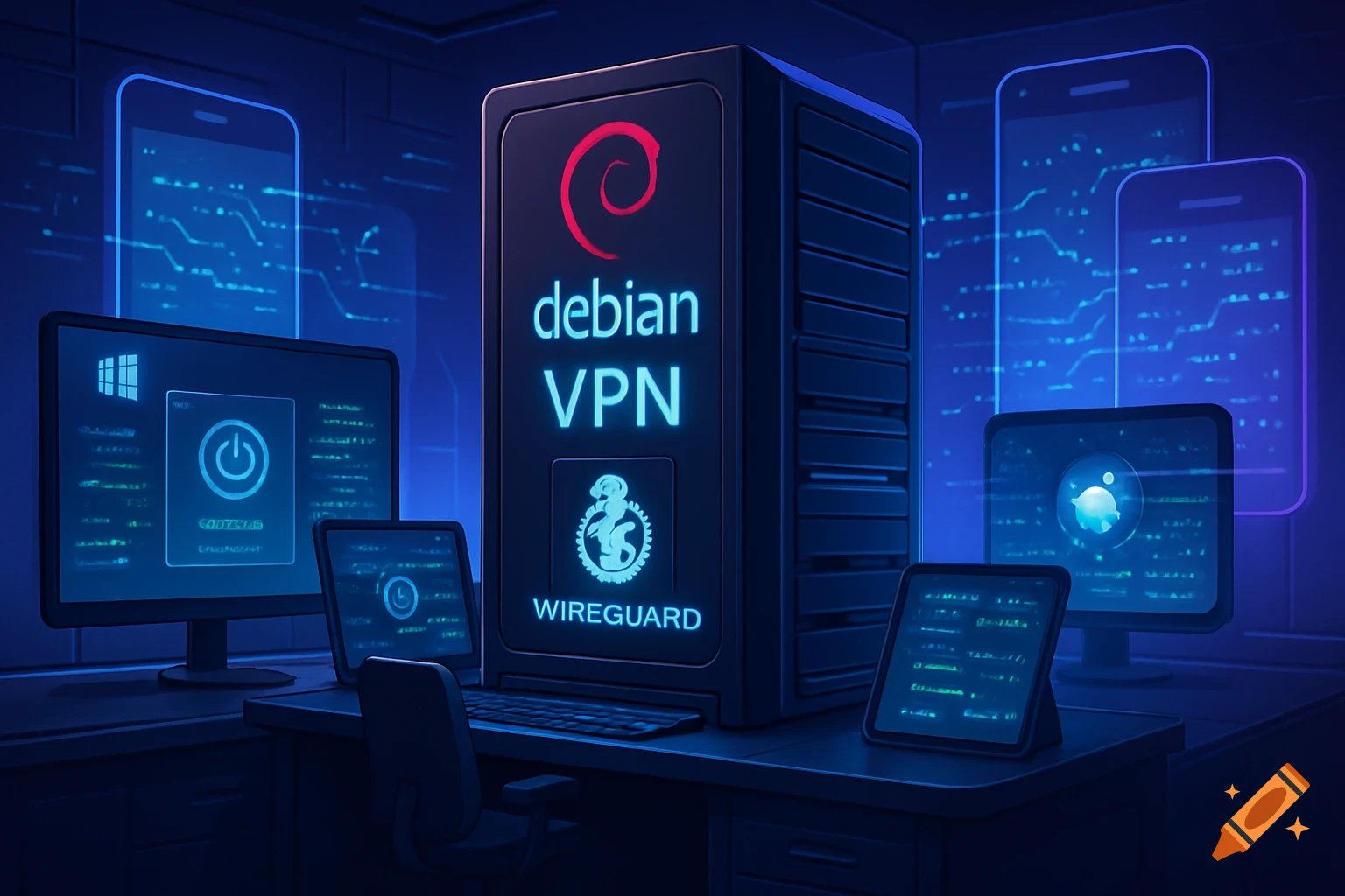 Stylized illustration of a server with 'debian VPN' and 'WIREGUARD' displayed on it, surrounded by computers, laptops, tablets, and mobile phones, all glowing with blue circuit patterns, depicting a secure network setup.