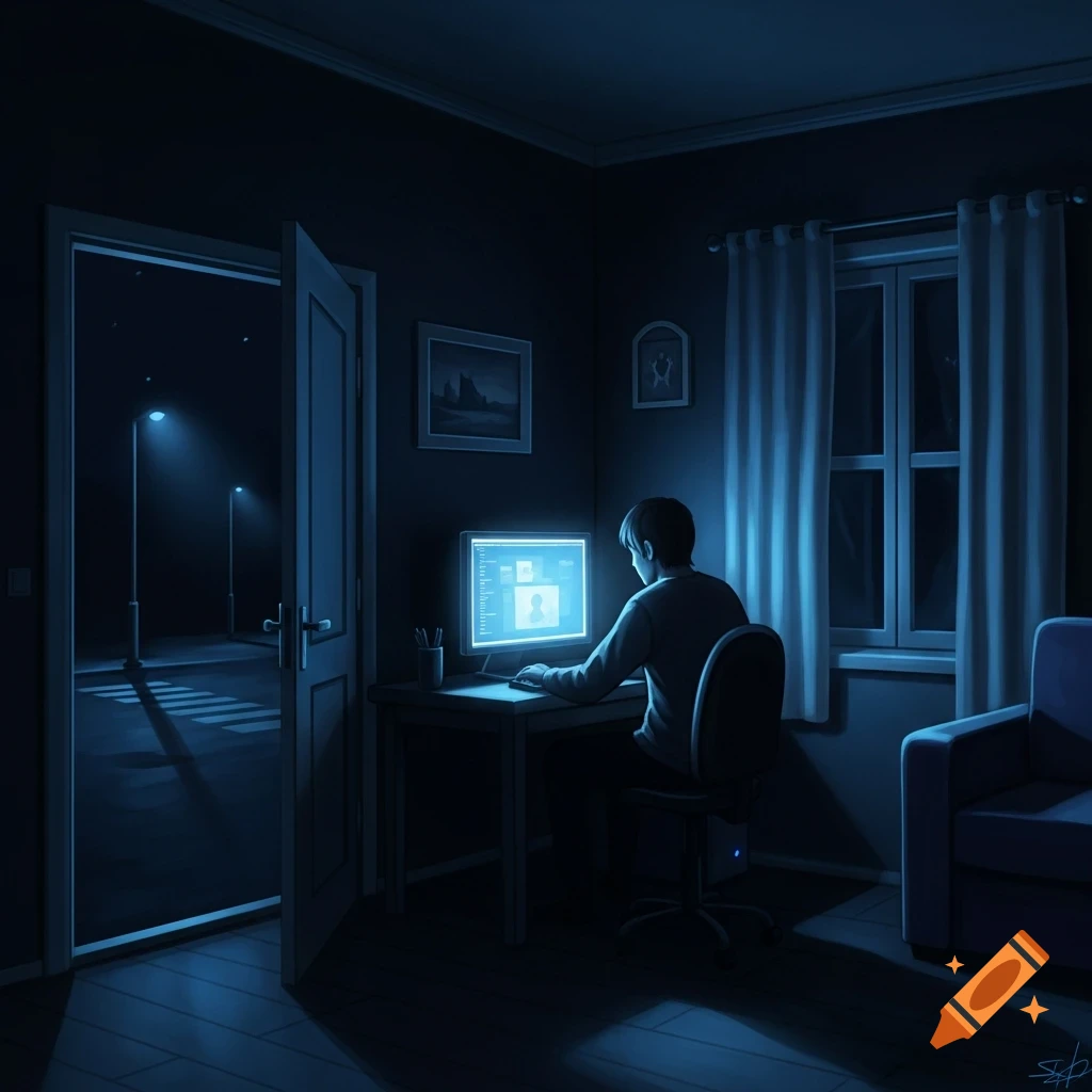A person sits at a desk, illuminated by a computer screen in a dark room at night, with an open door revealing a streetlamp outside.