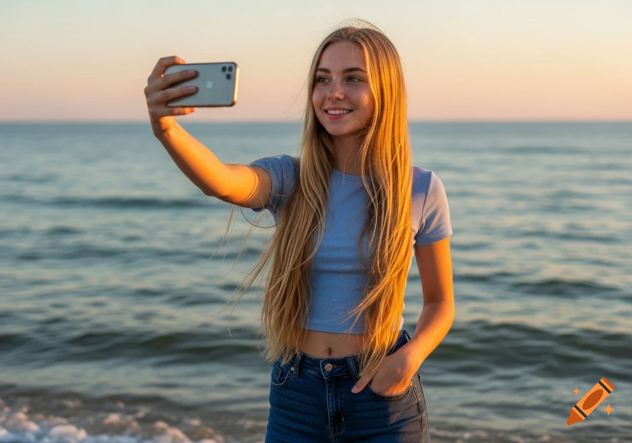 A young woman with long blonde hair takes a selfie on a beach at sunset, smiling, with the ocean in the background.
