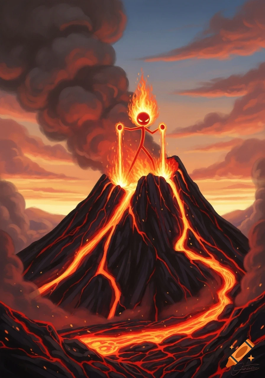 A fiery red stickman with glowing eyes stands atop an erupting volcano, spewing lava from its hands into the flowing rivers below.
