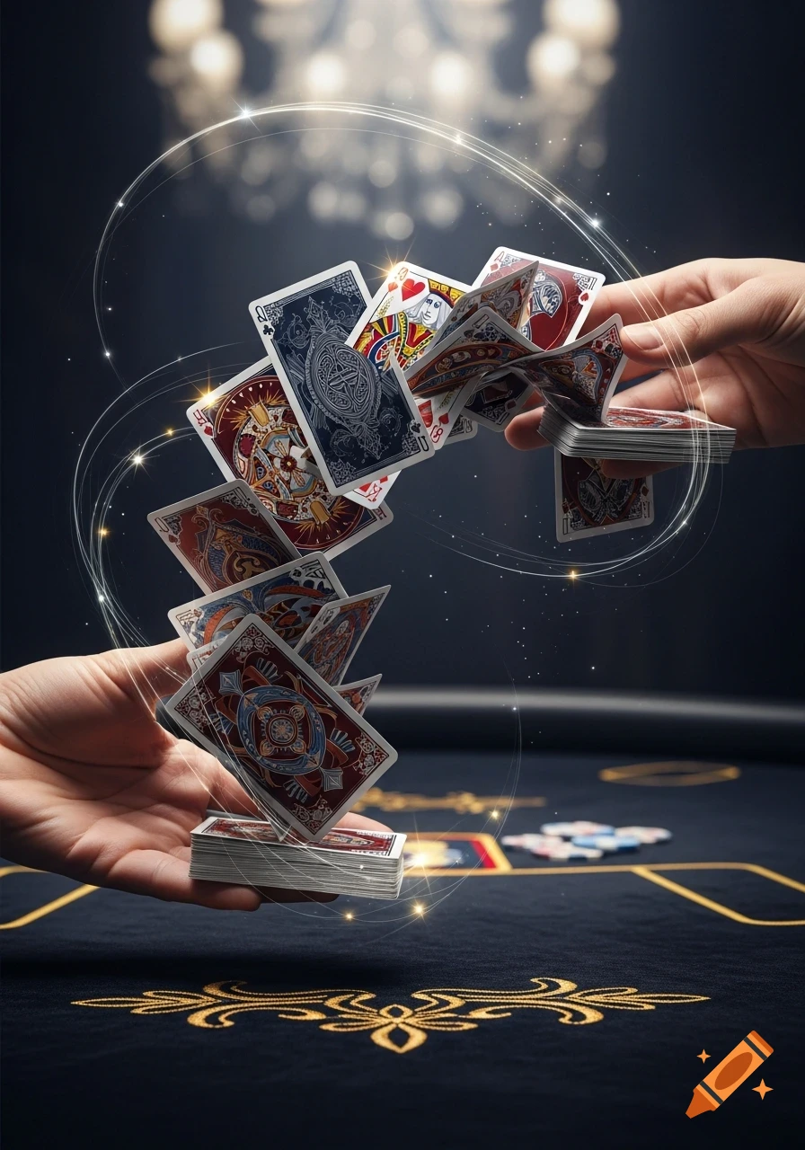 Hands magically shuffle a deck of ornate playing cards over a dark table with golden accents, surrounded by glowing light trails.