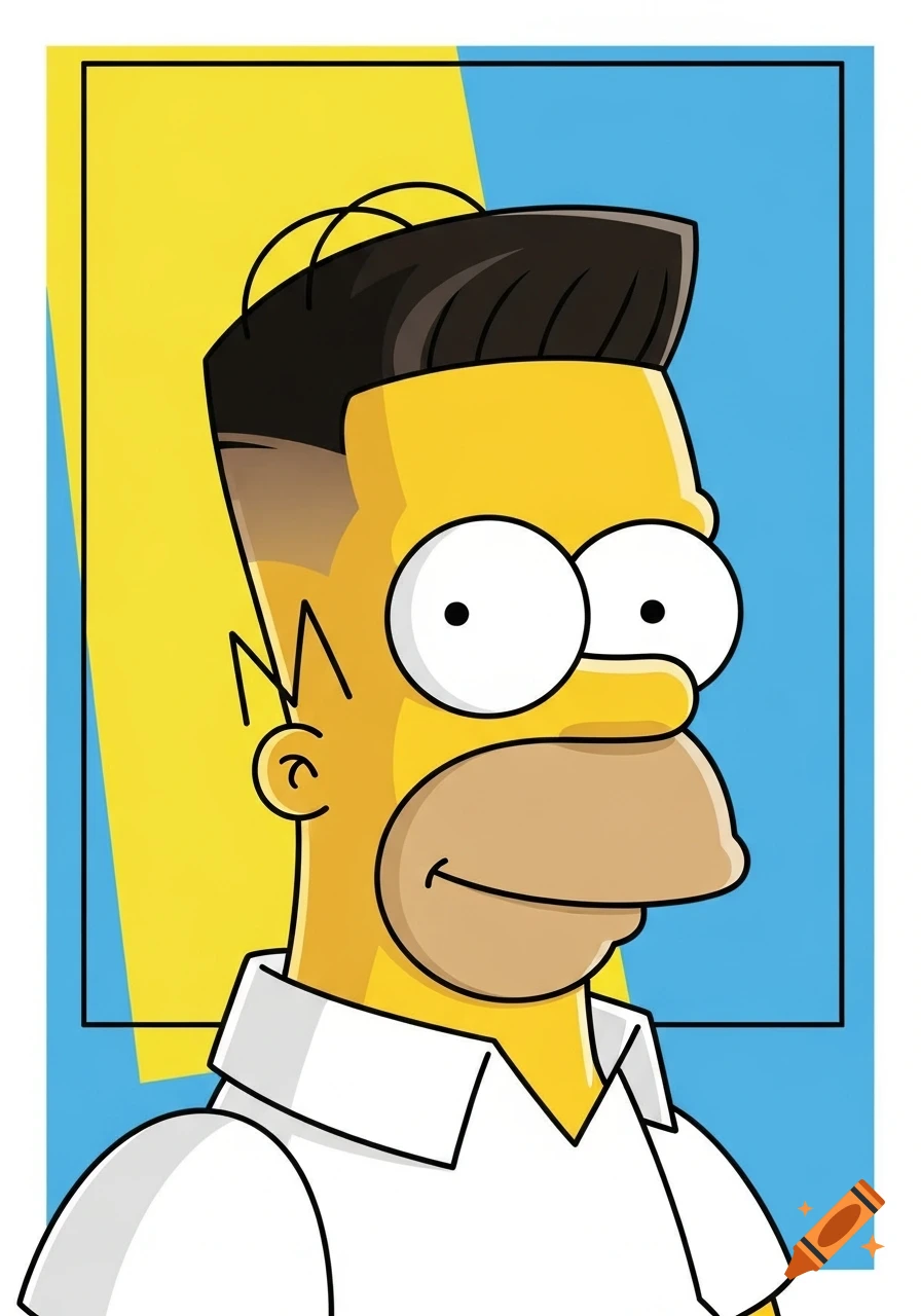 Cartoon portrait of Homer Simpson with a dark low taper fade haircut, wearing a white collared shirt, against a split yellow and blue background.