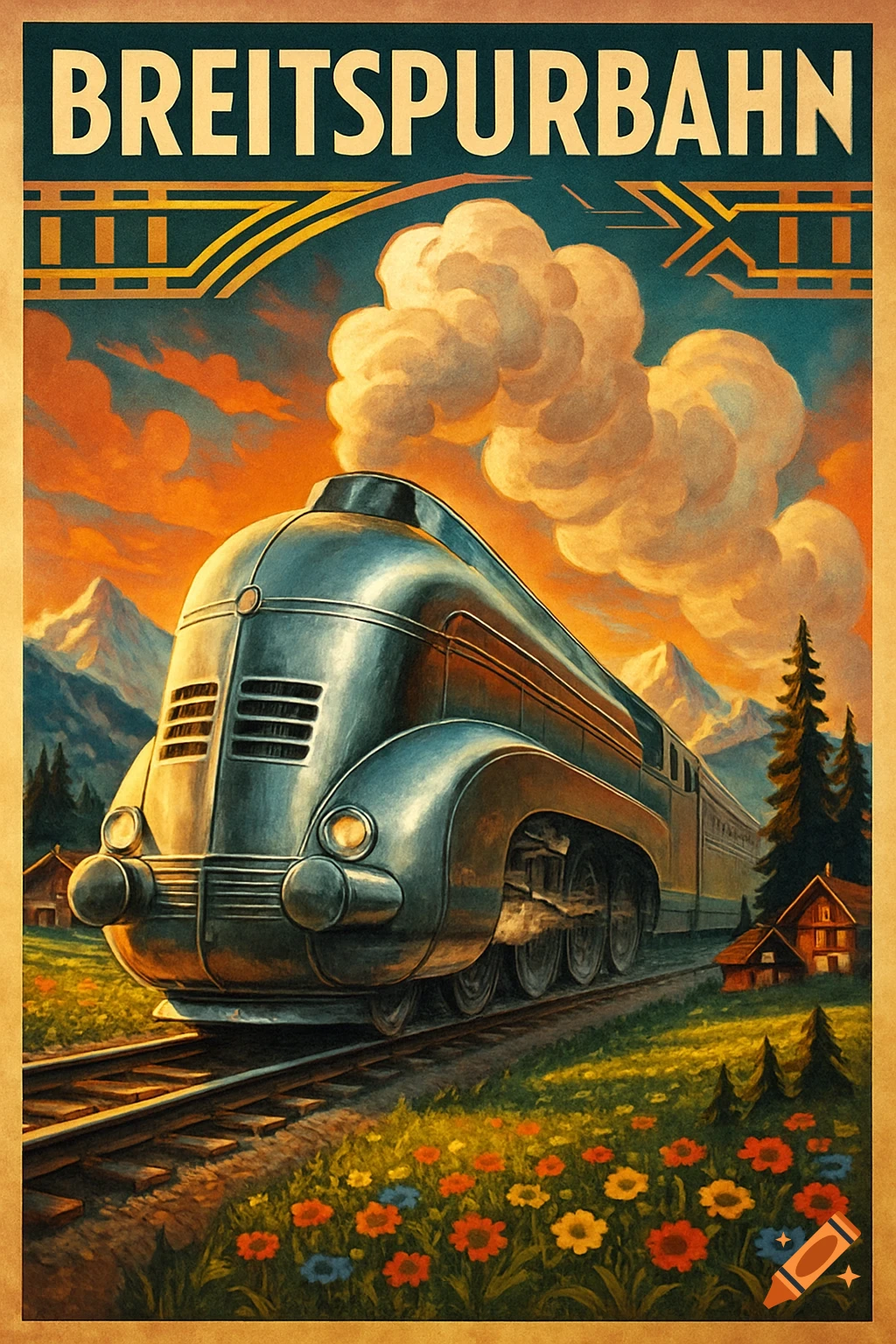 Stylized retro poster of a streamlined train on tracks through a flowery field with mountains and a sunset sky.
