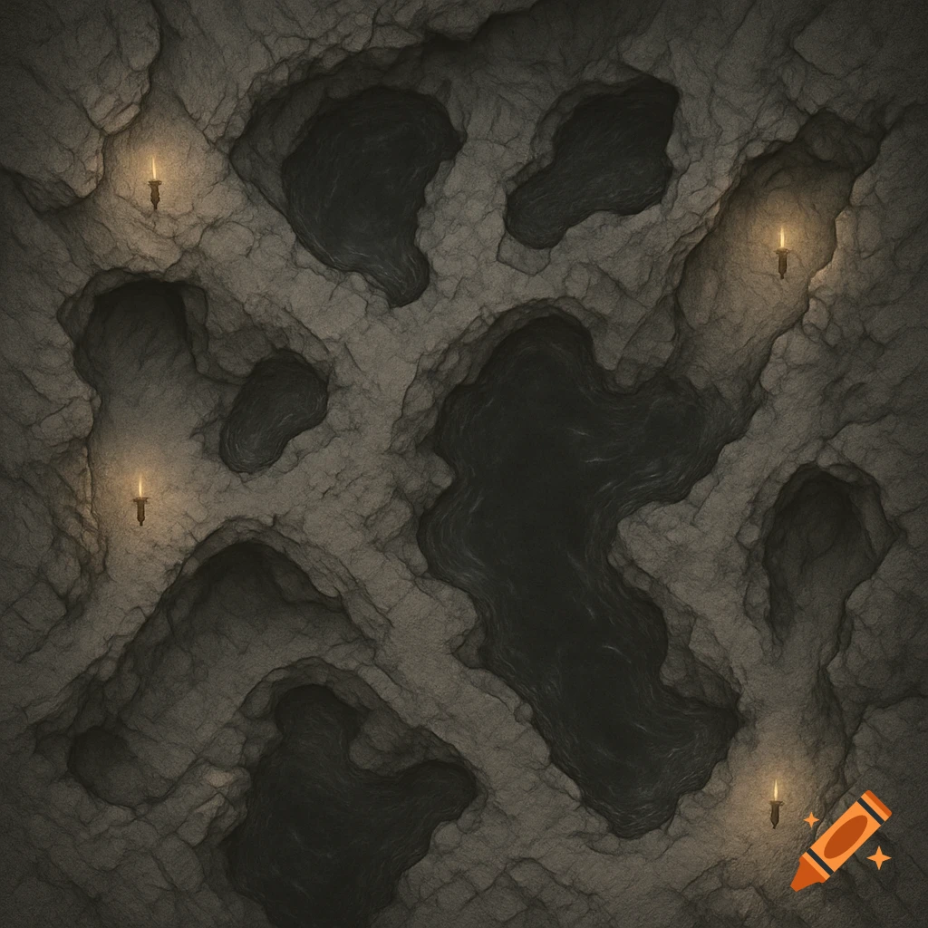 Top-down view of a grey cavern map with murky black waters and illuminated by four wall-mounted torches.