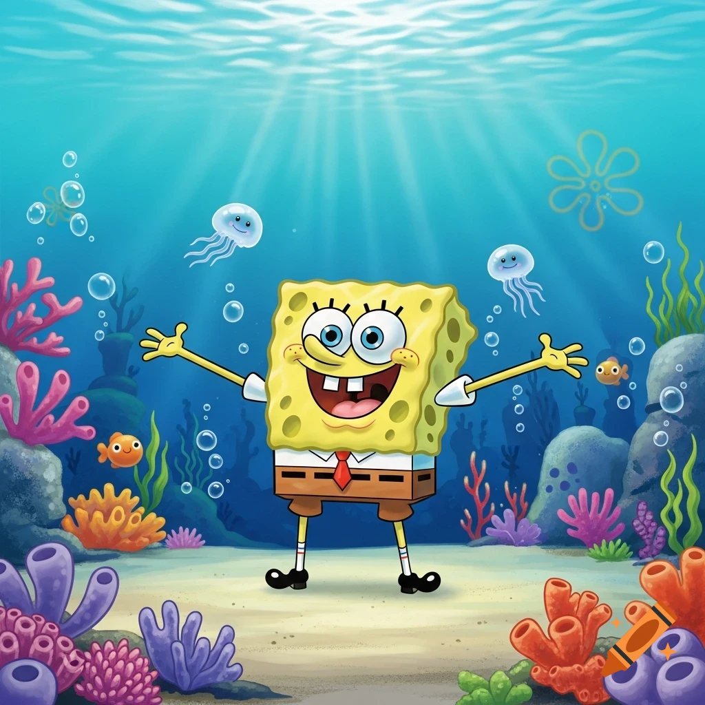 Spongebob Squarepants stands underwater with arms outstretched, surrounded by colorful coral, fish, and jellyfish.