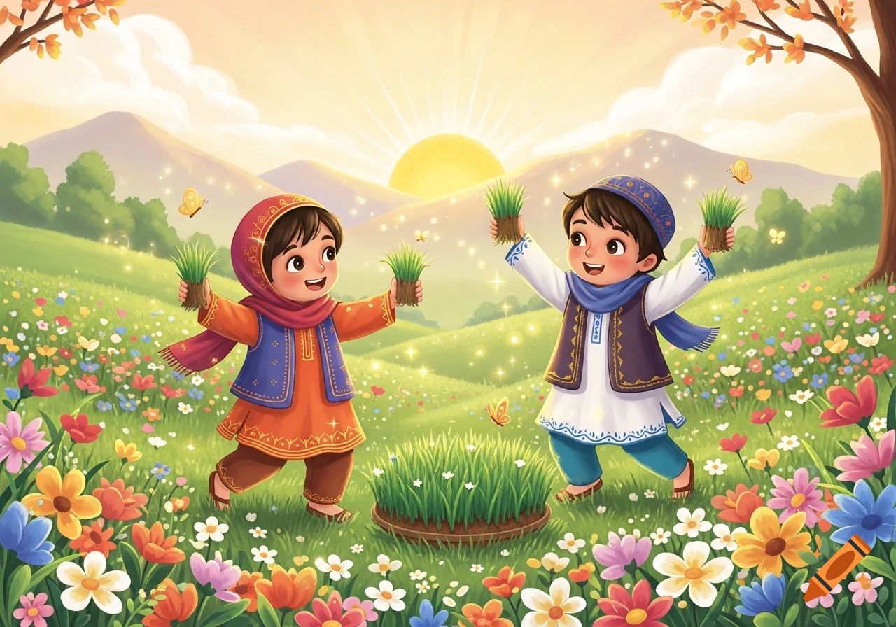 Two Afghan children joyfully hold green sprouts in a vibrant spring meadow filled with colorful flowers under a sunrise, in a children's book illustration style.