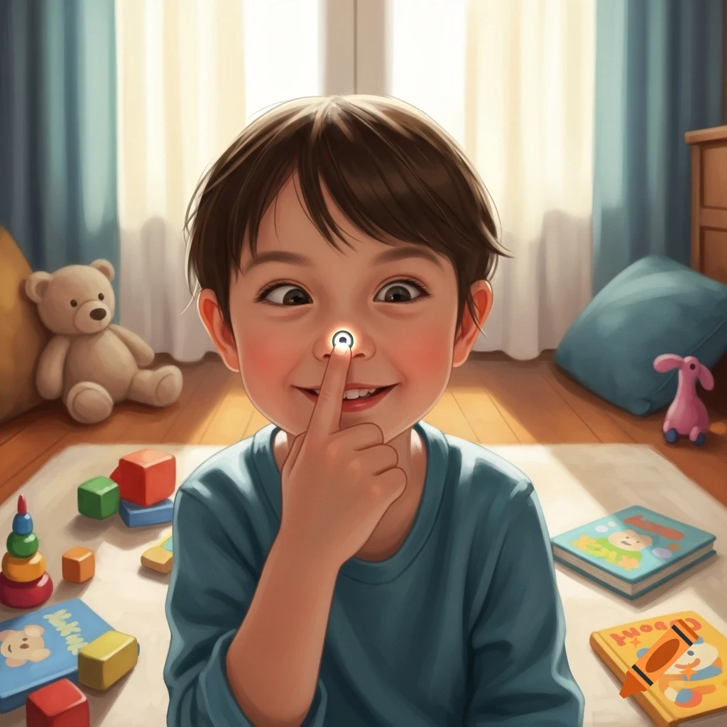A smiling child playfully touches a glowing dot on their nose in a bright playroom with toys.