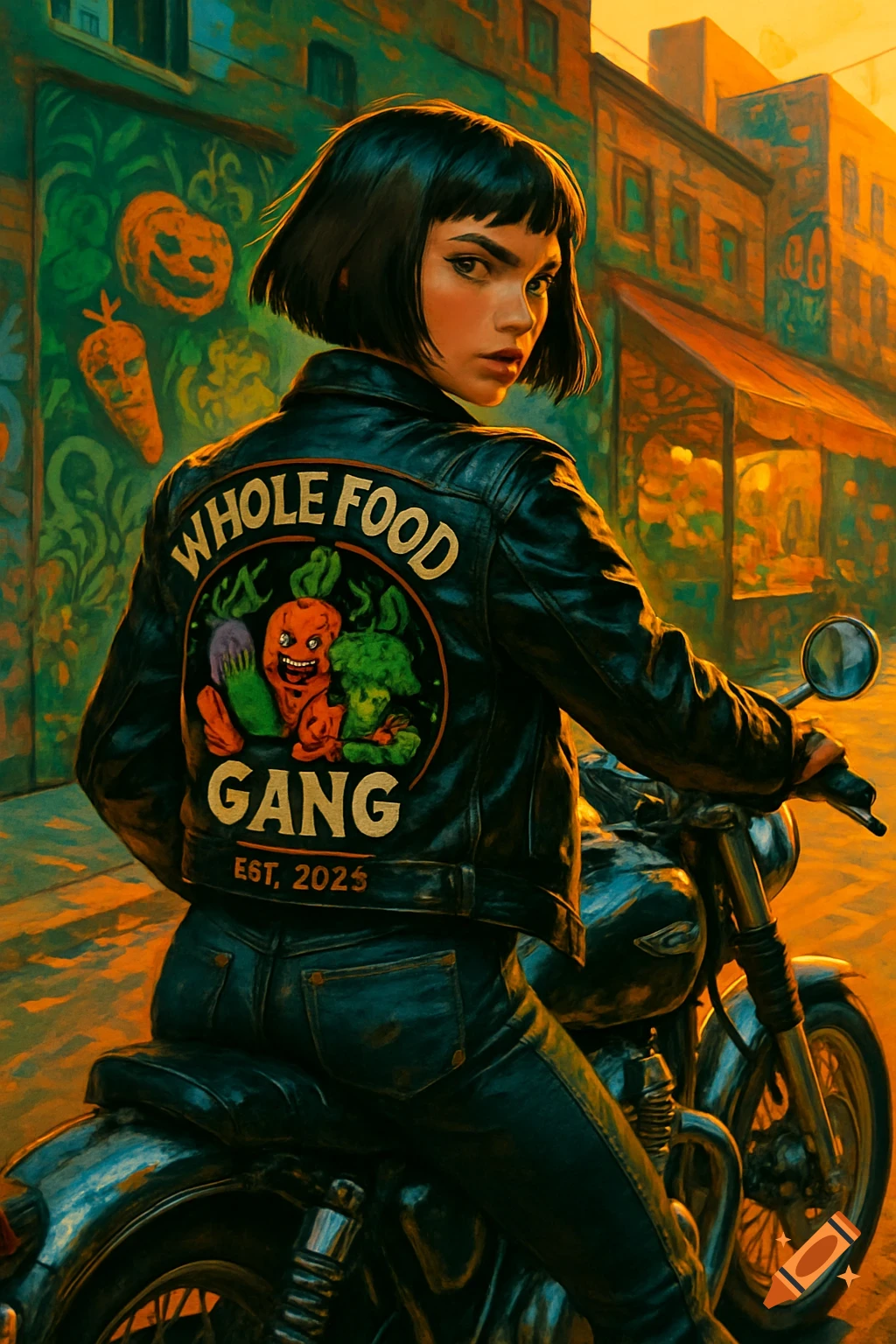 A stylized portrait of a tough biker girl with a bob haircut, sitting on a motorcycle, wearing a leather jacket with a "Whole Food Gang" backpatch, set in an urban street at sunset.