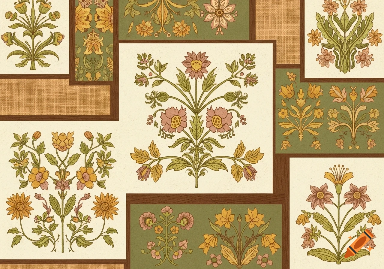 A collage of vintage-style floral patterns in muted green, yellow, pink, and brown, arranged on a rattan-textured background.
