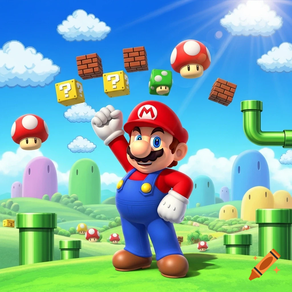Mario stands with a raised fist in a vibrant Super Mario Bros. landscape with question blocks, mushrooms, and pipes under a blue sky.