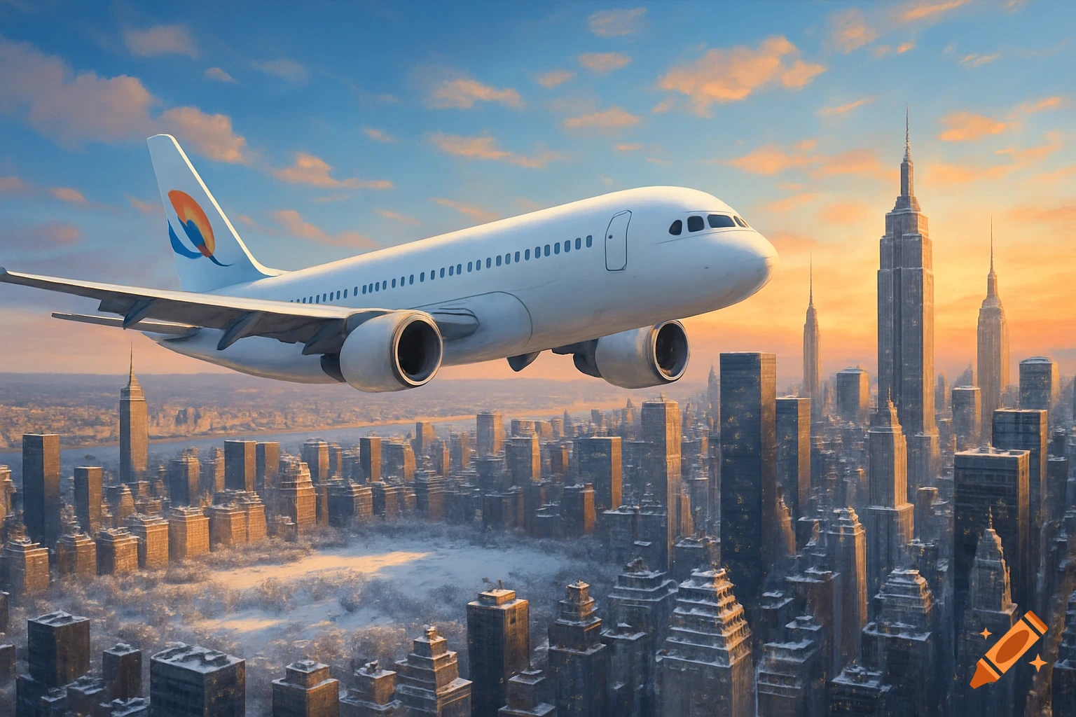 A white passenger airplane flies over a snow-covered New York City cityscape with skyscrapers under a warm sunset sky.
