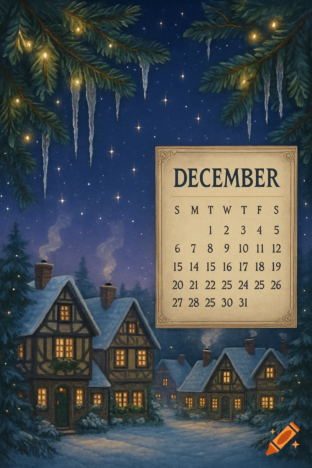 Illustrated winter scene with a December calendar floating above a snowy village at night, framed by pine branches and icicles.