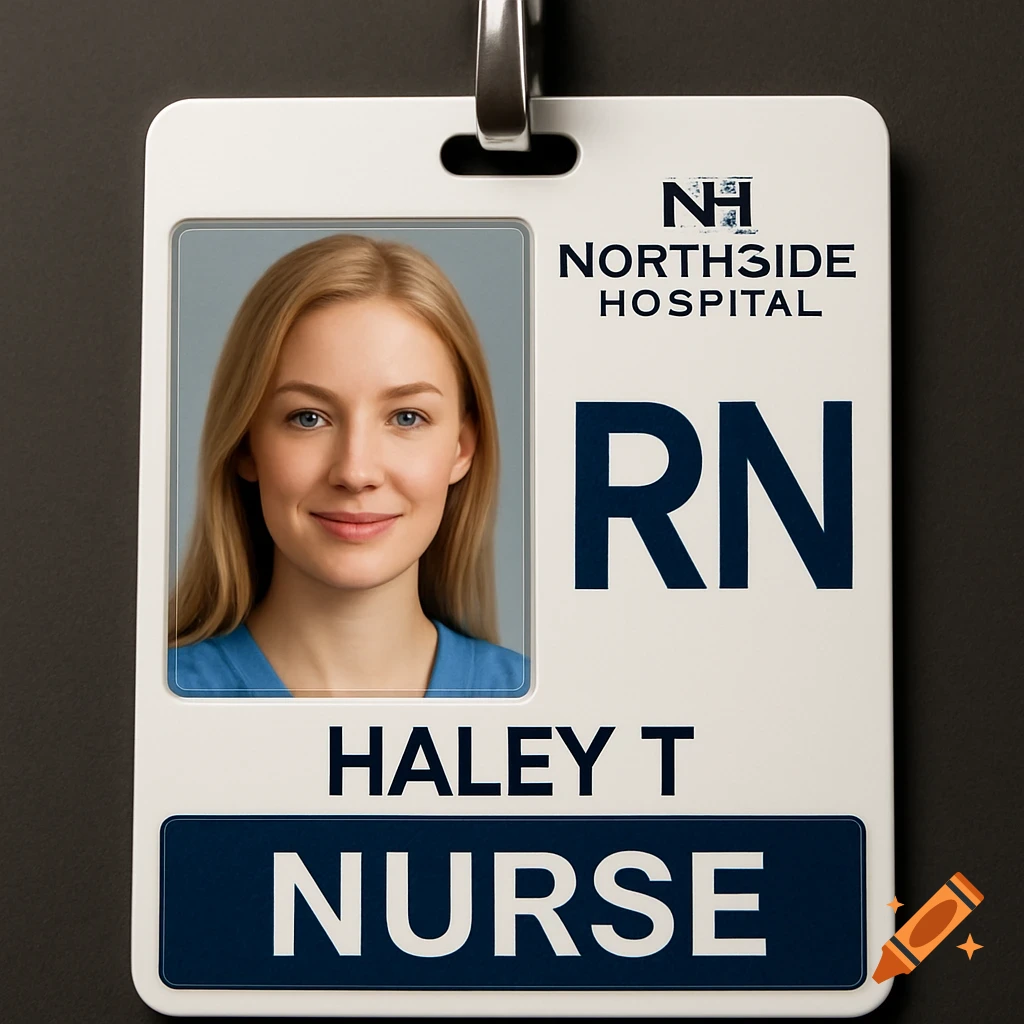 A close-up shot of a white Northside Hospital ID badge featuring a photo of a blonde woman named Haley T, with 'RN' and 'NURSE' clearly visible.