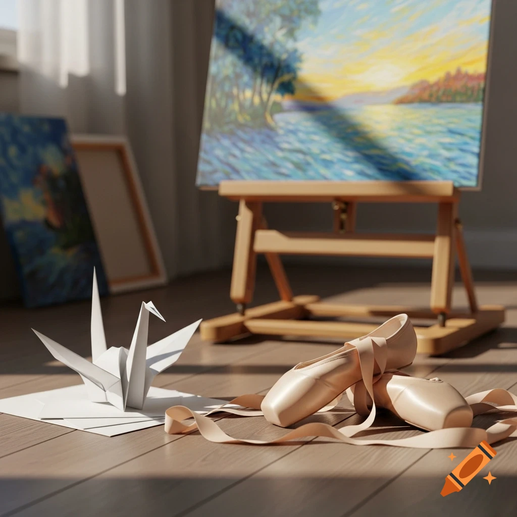 A pair of light pink ballet shoes with ribbons lie on a wooden floor next to a white origami crane. A landscape painting on an easel is in the background, illuminated by sunlight.