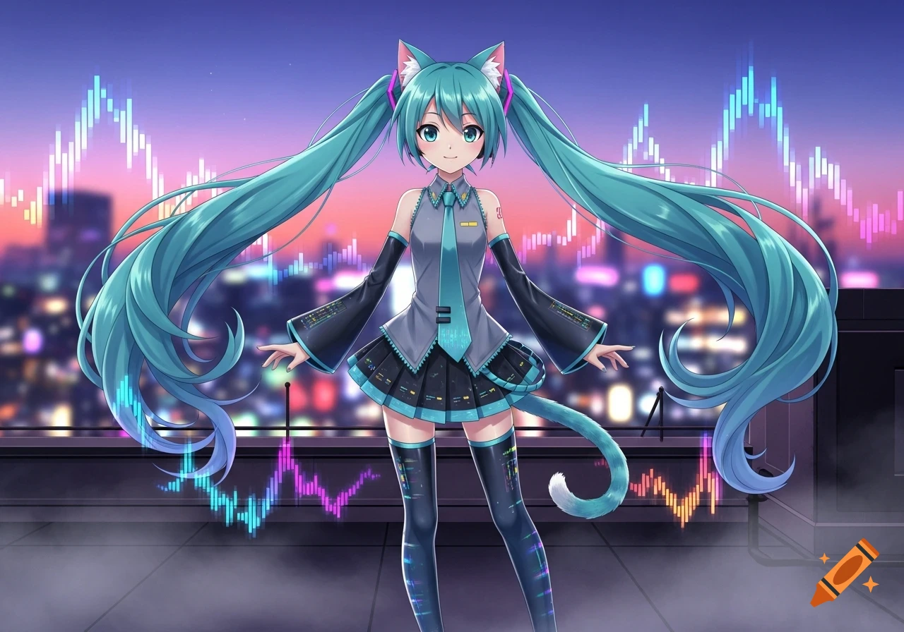 Anime catgirl with long teal pigtails and a futuristic outfit on a city rooftop with glowing data waveforms in the sky.