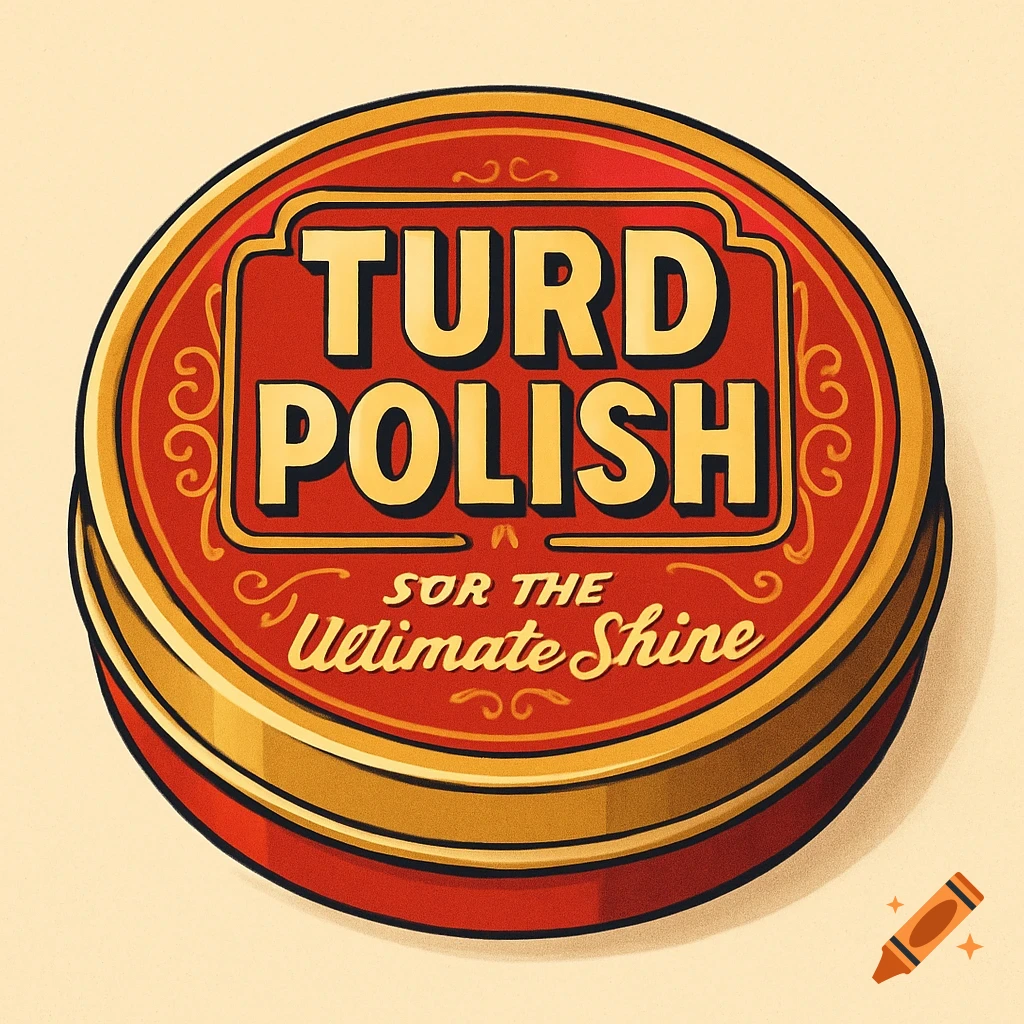 A vintage-style red and gold polish tin with ornate borders, labeled 'TURD POLISH SOR THE Ultimate Shine'.