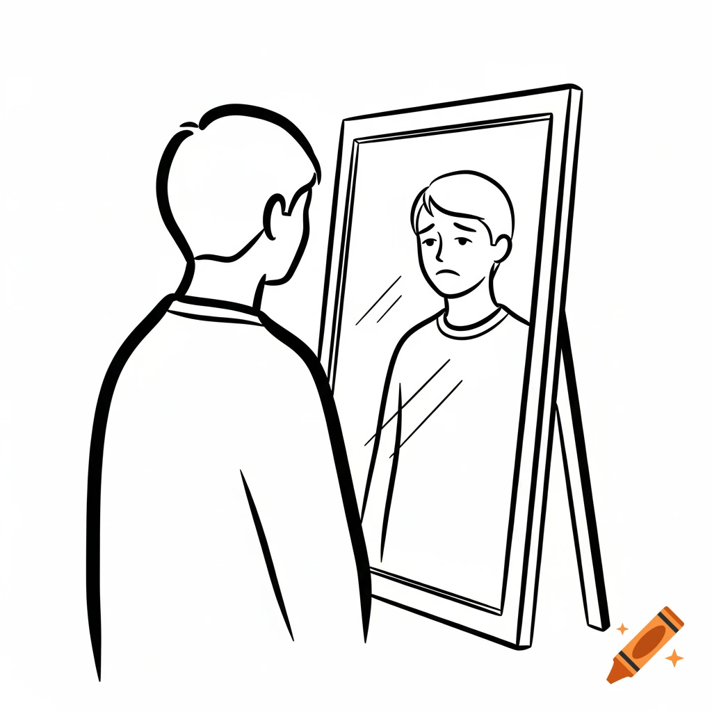 Black and white line art of a person looking into a mirror, seeing a sad reflection.