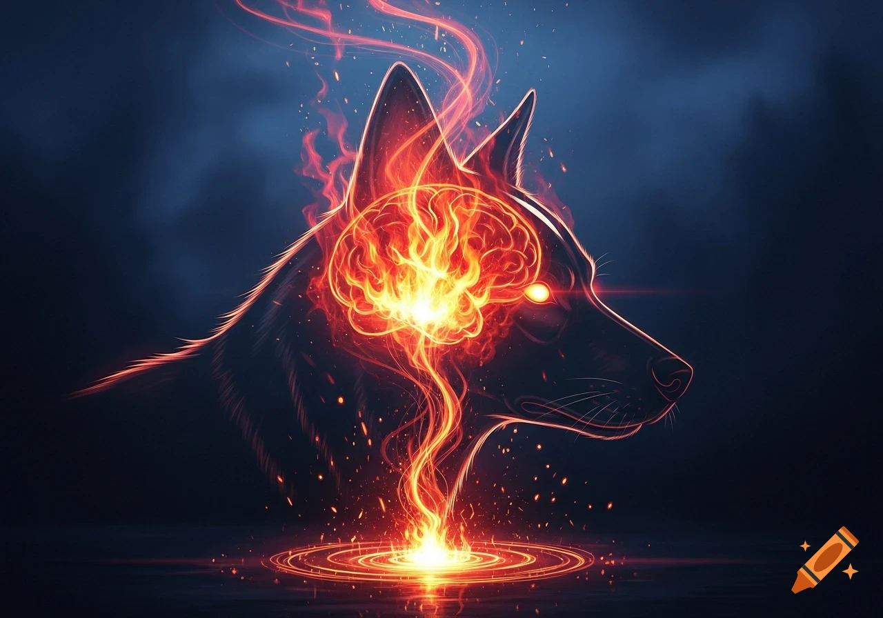 A dog silhouette with a glowing fiery brain and eyes, with flames emanating from its head and forming a vortex below.
