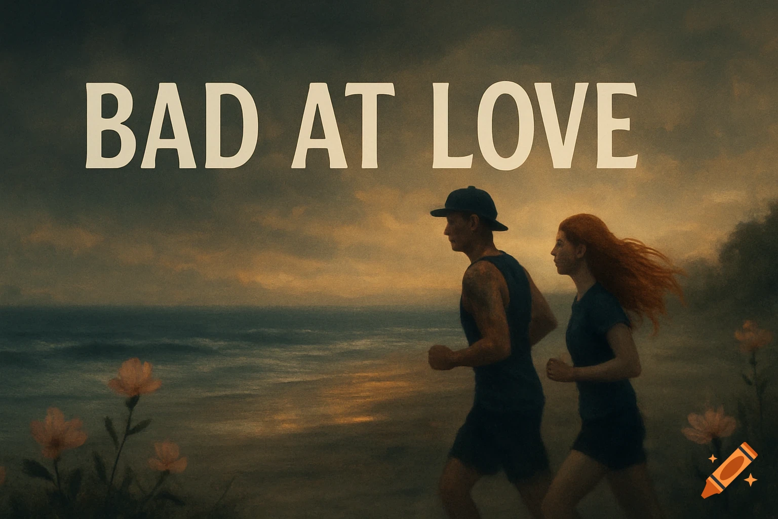 A man and woman jogging on a moody beach at sunset, with 'BAD AT LOVE' text above them.