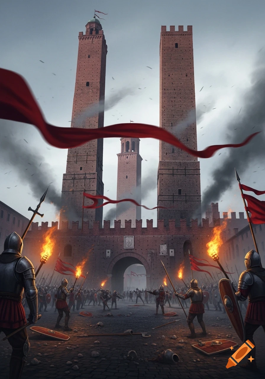 Medieval soldiers with torches and spears battle before a castle gate, flanked by two tall brick towers under a smoky sky.