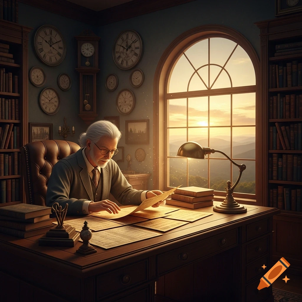 An elderly man with white hair and glasses reads papers at a large wooden desk in a vintage study. Bookshelves line the walls, adorned with multiple clocks, while an arched window reveals a sunset over mountains.