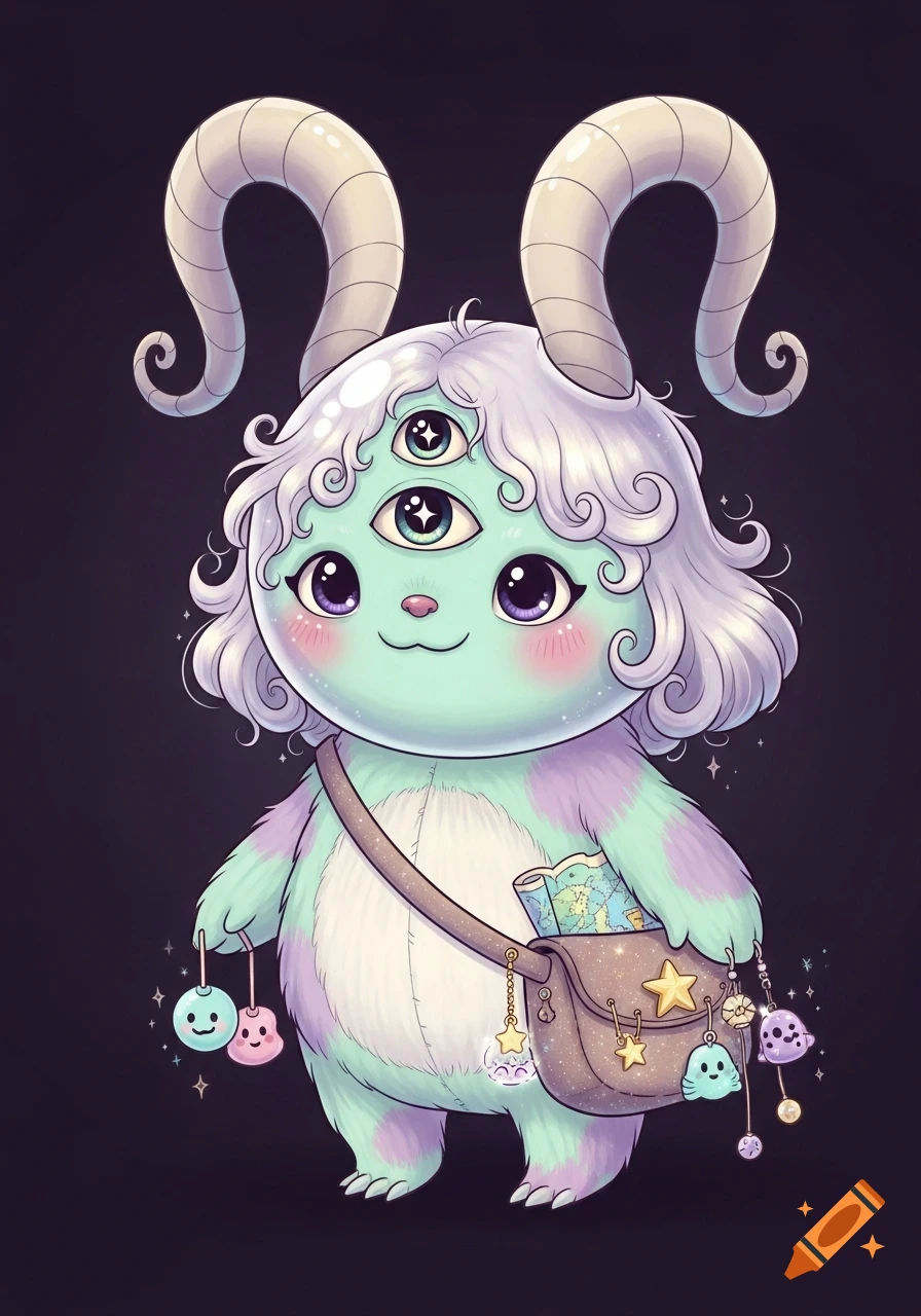 A cute, fluffy, pastel-colored three-eyed monster with horns, carrying a sparkling shoulder bag with charms. Children's illustration style.