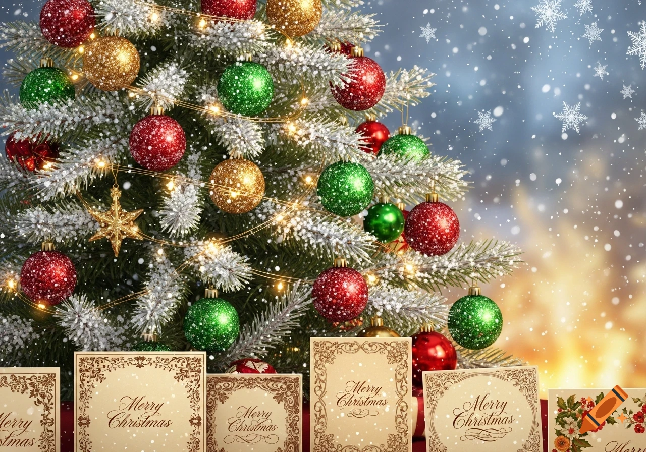 A close-up of a snow-dusted Christmas tree with glittering red, gold, and green ornaments, warm lights, and "Merry Christmas" cards.