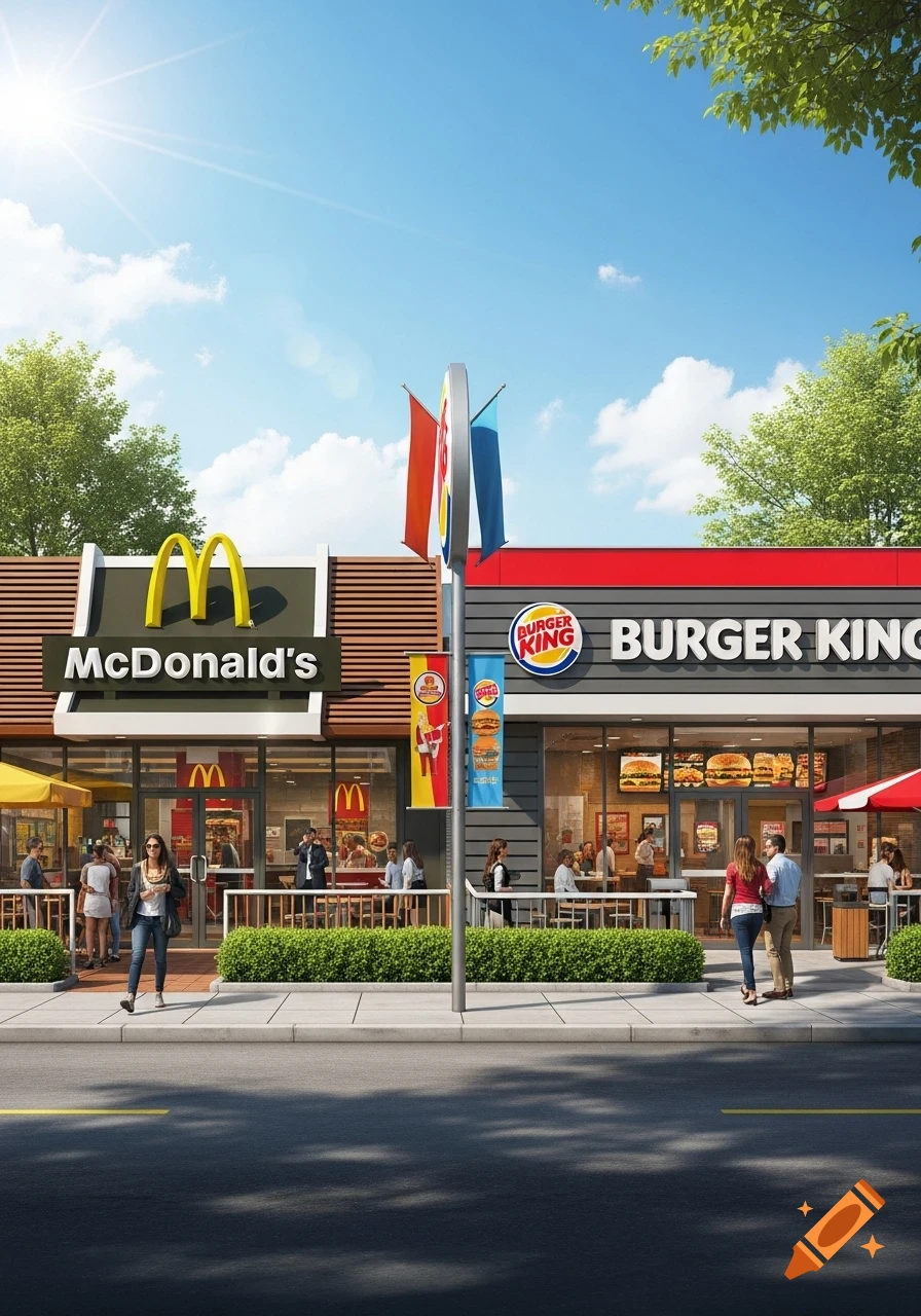 A street view of a McDonald's and a Burger King restaurant standing side-by-side on a sunny day.