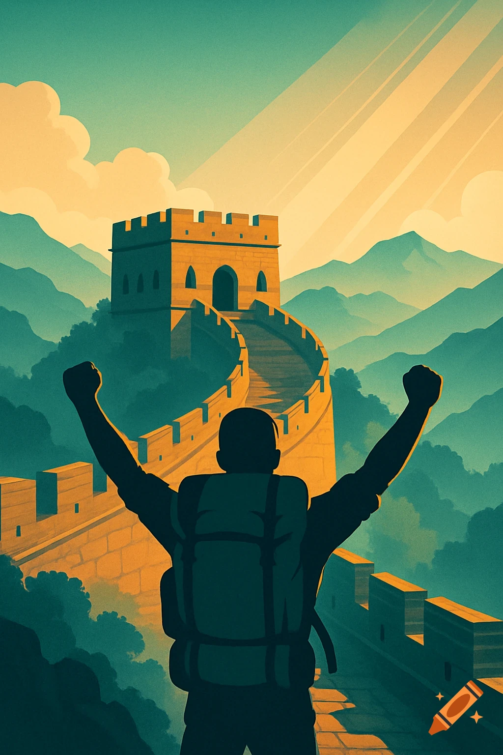 Backpacker with raised arms triumphantly stands on the Great Wall of China with misty mountains, in a retro vector illustration style.