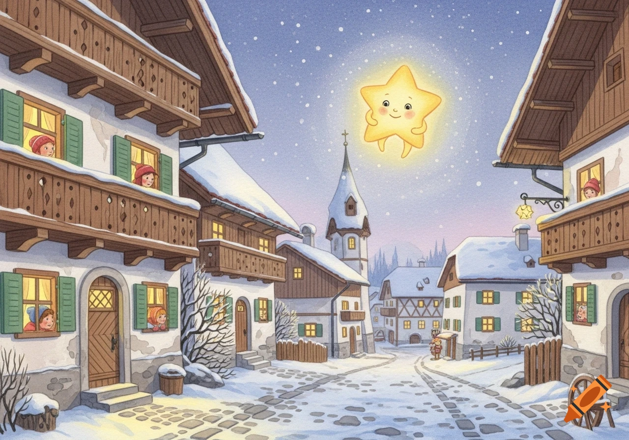 Watercolor illustration of a snowy Austrian village at dusk with children looking out windows and a friendly glowing star floating in the sky.