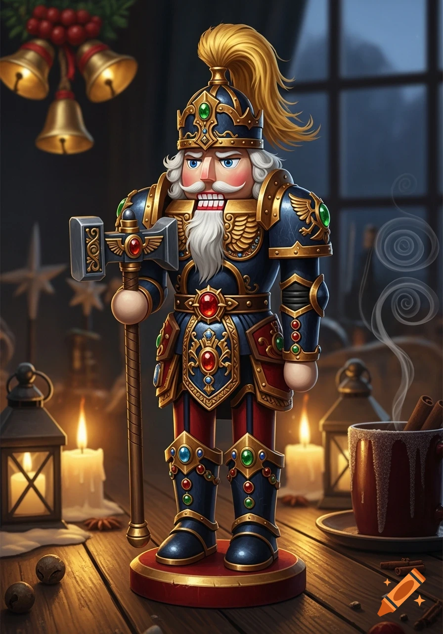 Detailed nutcracker soldier in blue and gold Warhammer-style armor, holding a hammer, on a festive wooden table with candles and bells.