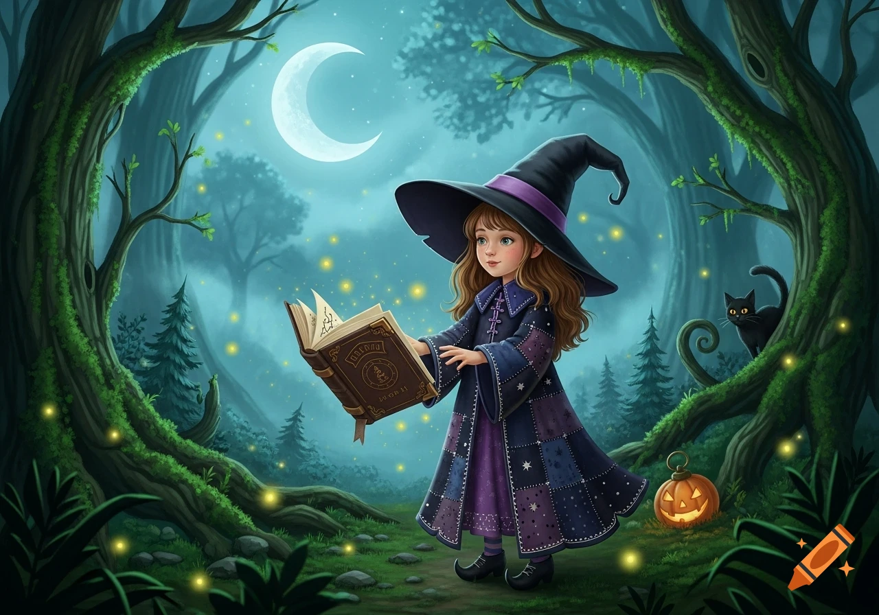A little witch in a purple hat and coat reads a glowing spellbook in a magical forest with a black cat, a jack-o'-lantern, and a crescent moon.