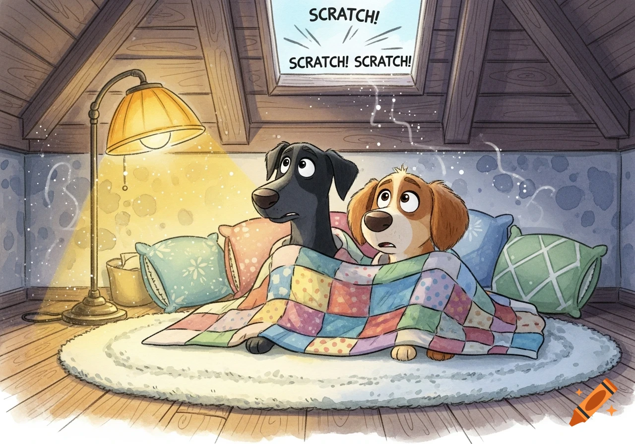 Two cartoon dogs, one black and one brown, huddle under a colorful quilt in a cozy attic, looking scared at 'SCRATCH!' sounds from above.