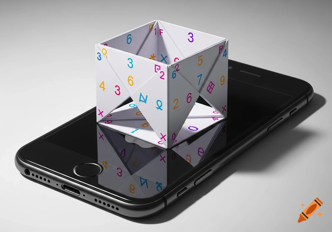 A white paper cootie catcher with colorful numbers and symbols rests unfolded on a black iPhone, reflecting on its screen.