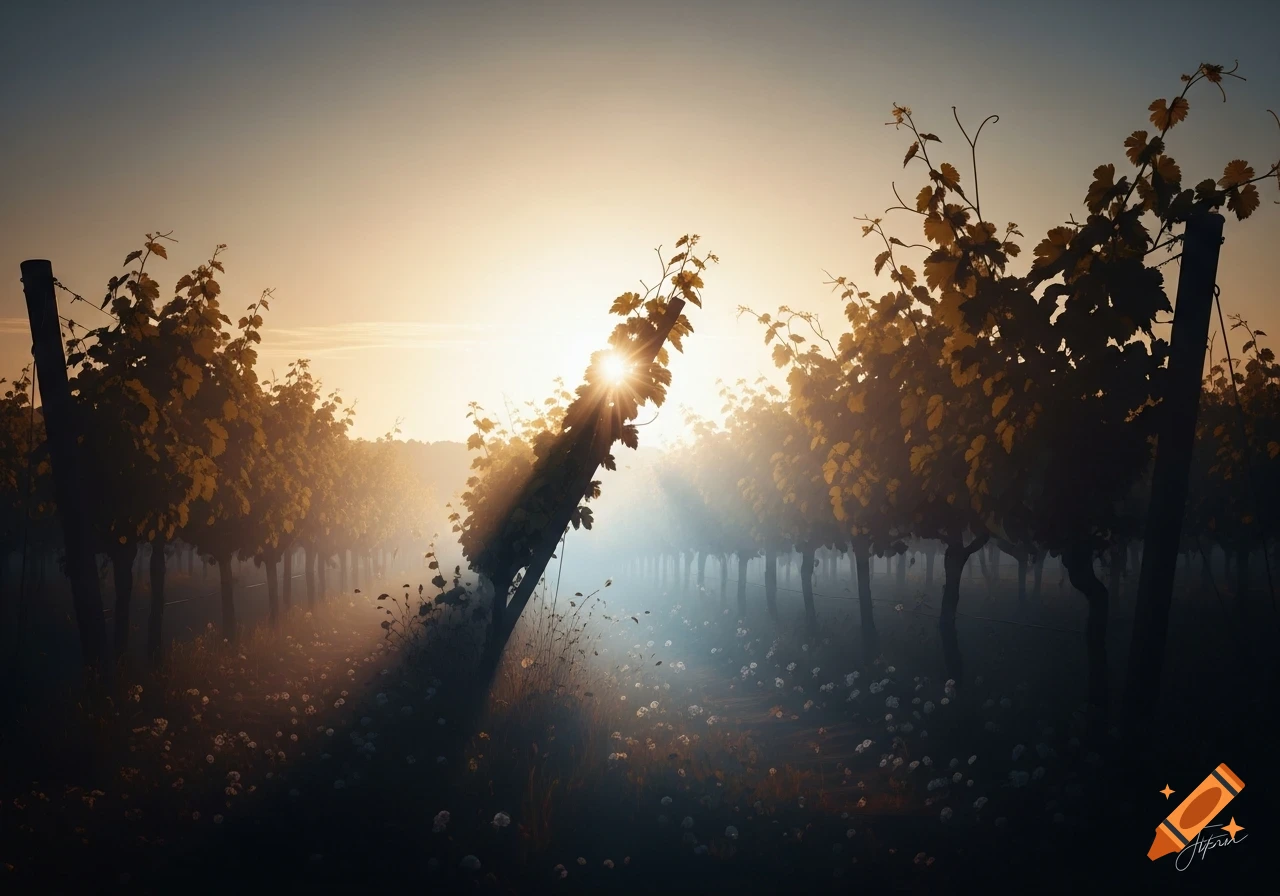 A hazy vineyard landscape at dawn or dusk, with golden sunbeams piercing through silhouetted grapevines and mist on the ground.