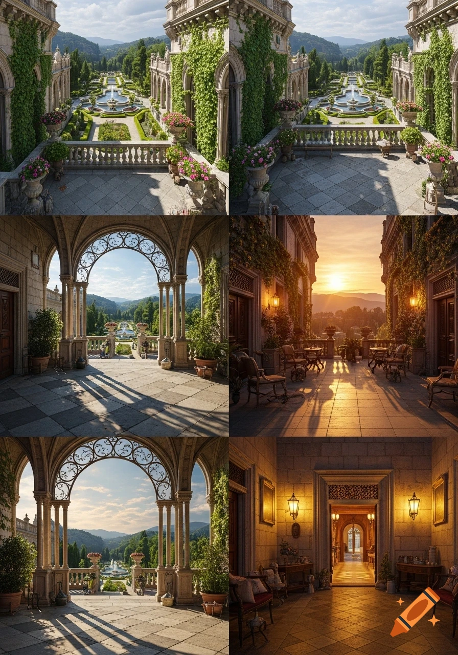Photorealistic collage of a grand castle terrace with ornate architecture, lush gardens, and scenic landscapes under various lighting, including sunset.