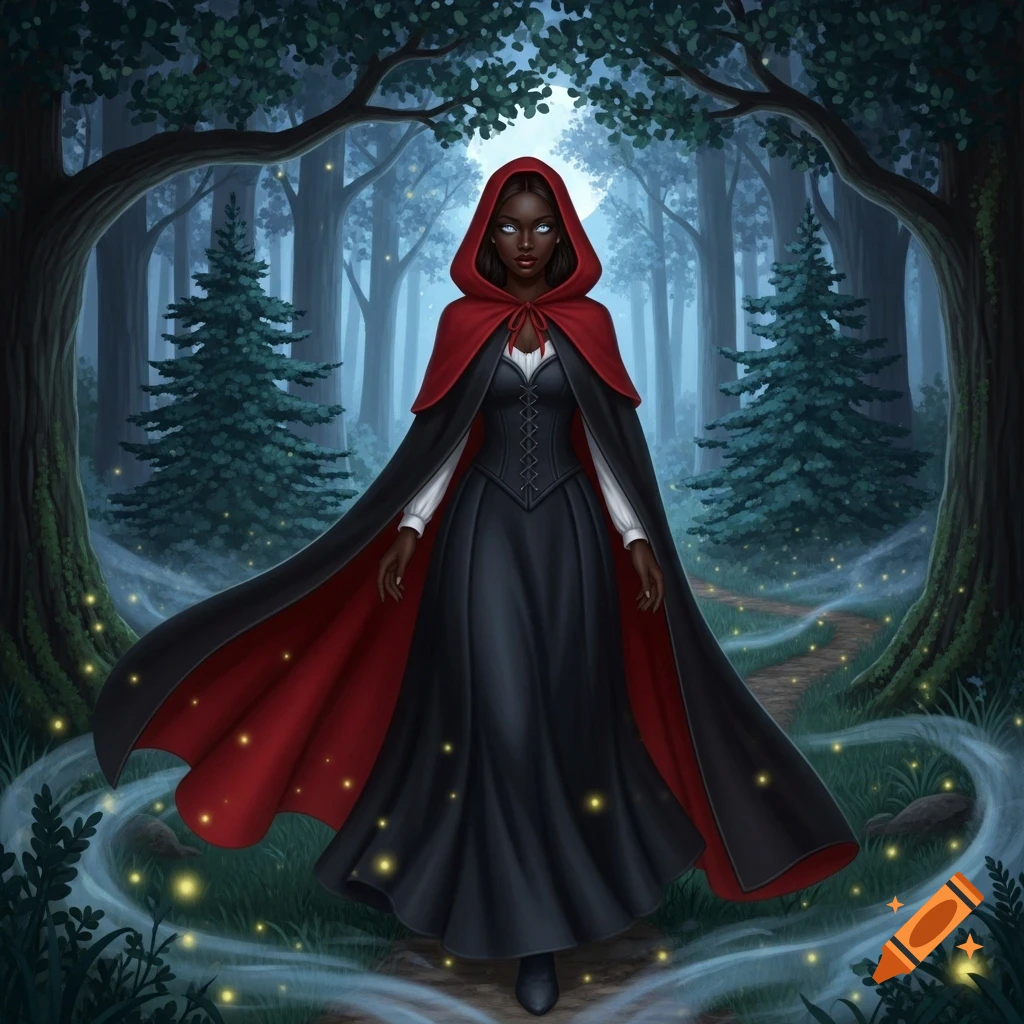An illustration of a Black woman in a red hood and black dress standing in an enchanted forest with glowing lights.