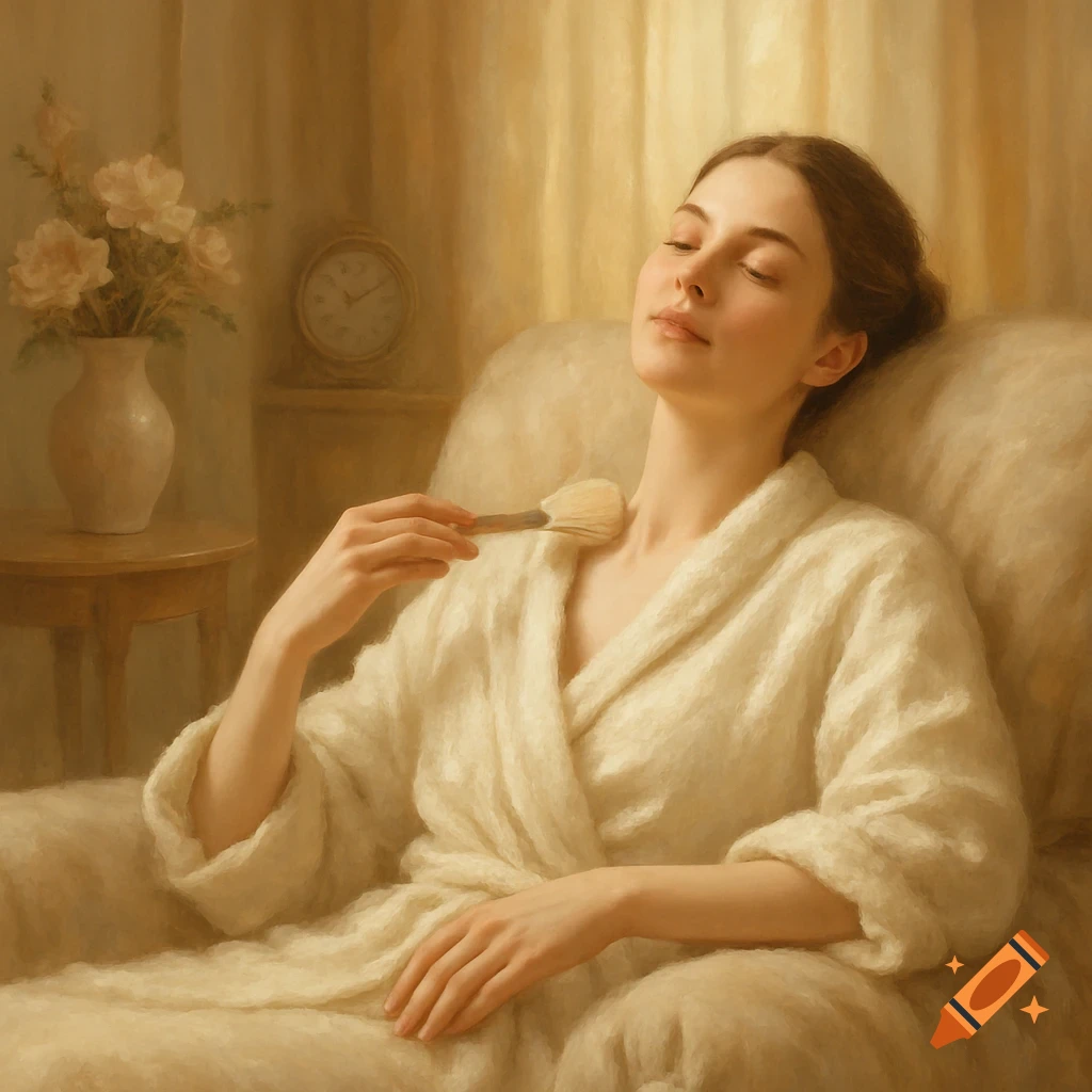 A woman in a cream robe reclines in an armchair, eyes closed in relaxation, holding a soft brush to her neck. Painterly style.