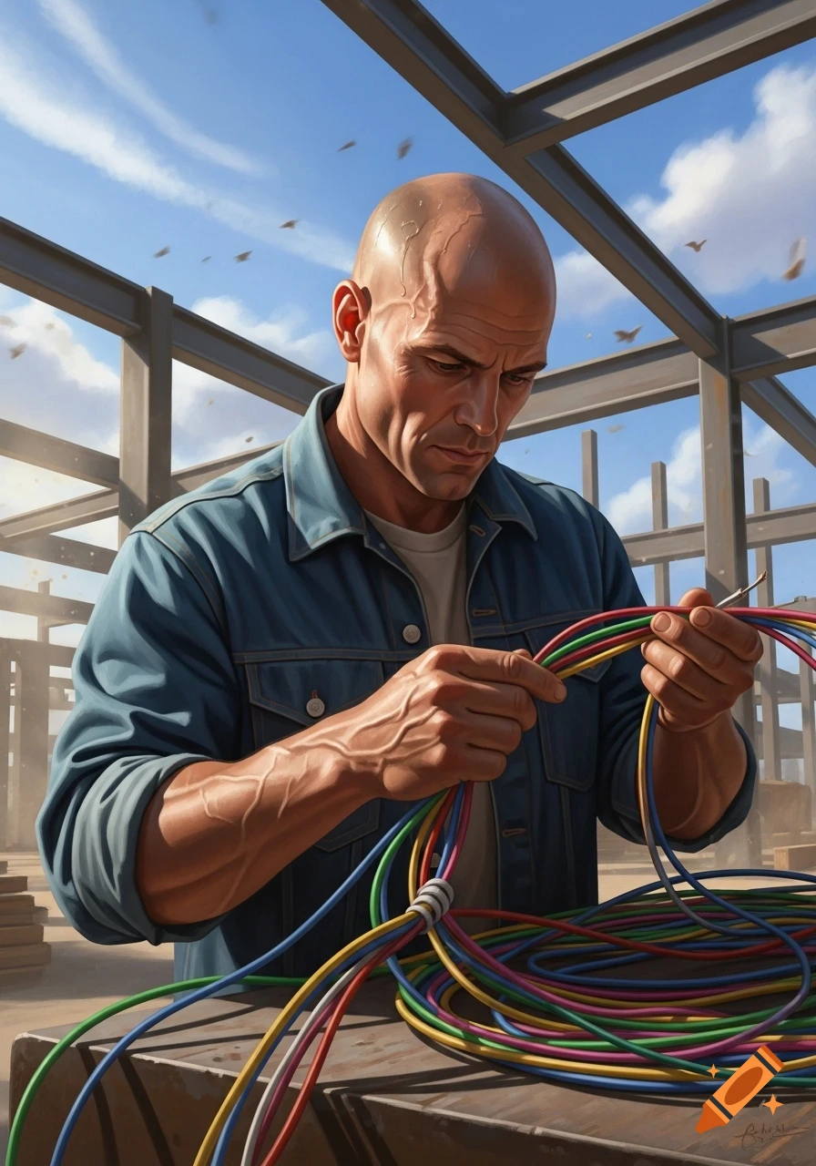 A bald man in a denim shirt meticulously works with colorful electrical wires at a construction site under a blue sky, realistic style.