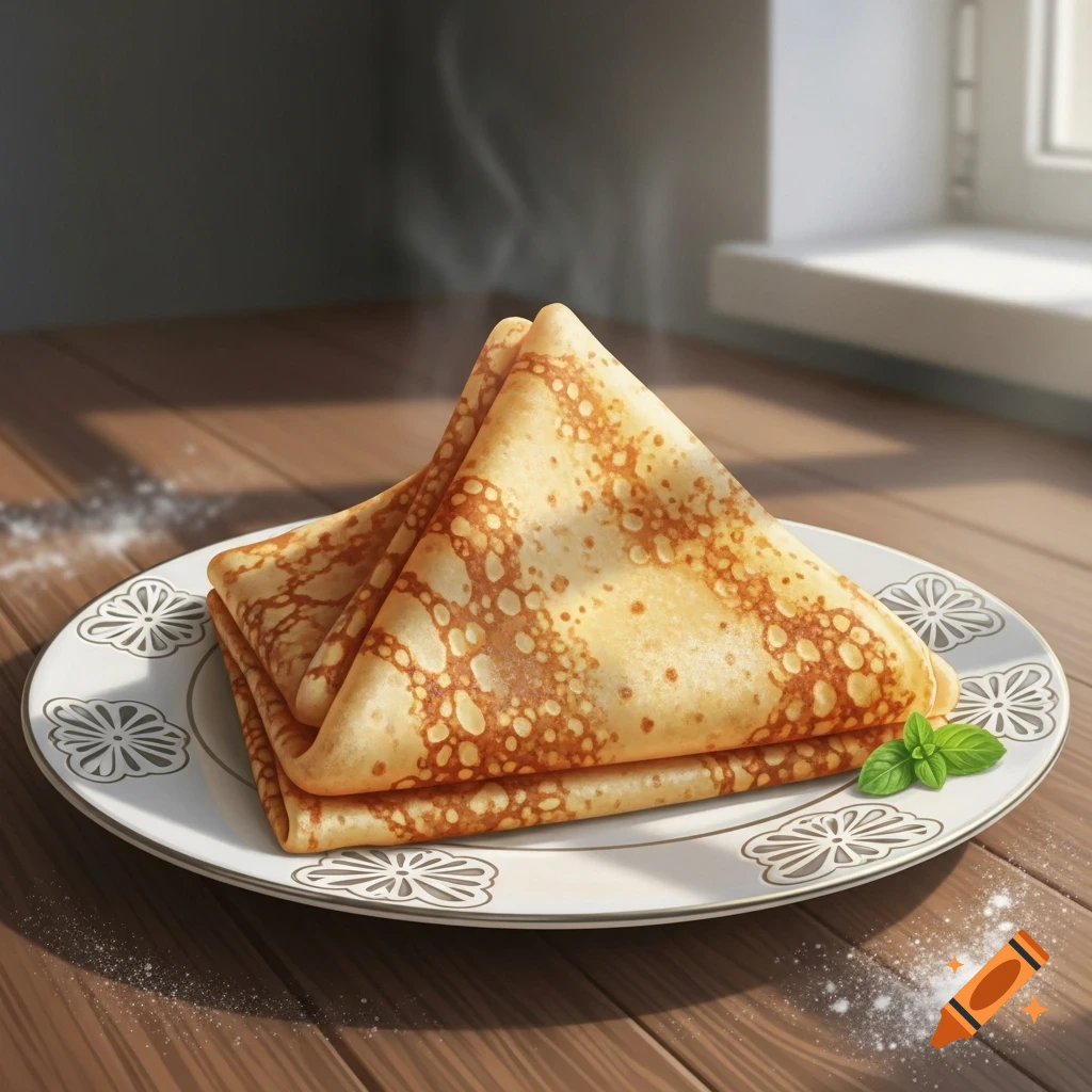 A stack of golden-brown crepes folded into triangles sits on a white plate with a decorative border on a wooden table. Steam rises from the crepes, with a mint leaf and scattered powdered sugar next to them. Sunlight streams in from a window in the background.