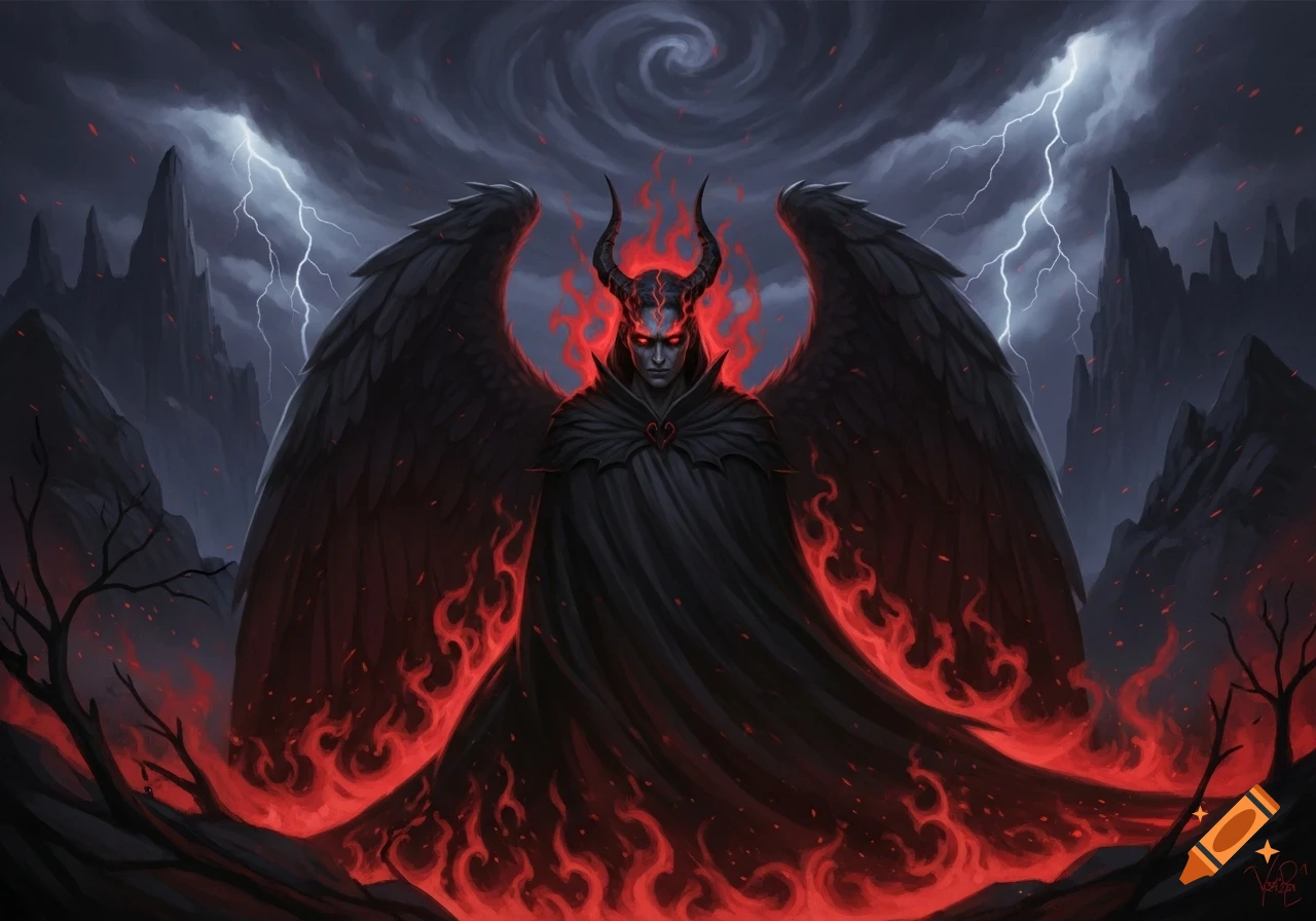 A menacing dark angel with black wings, red eyes, and horns, stands with a fiery black cape amidst lightning and jagged mountains.