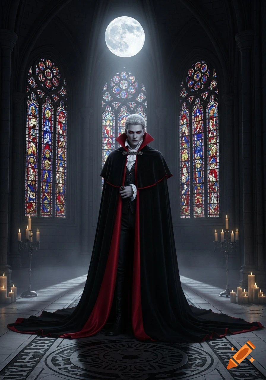 A pale, white-haired vampire in a long black and red cape stands in a dark, candlelit gothic cathedral under a full moon.