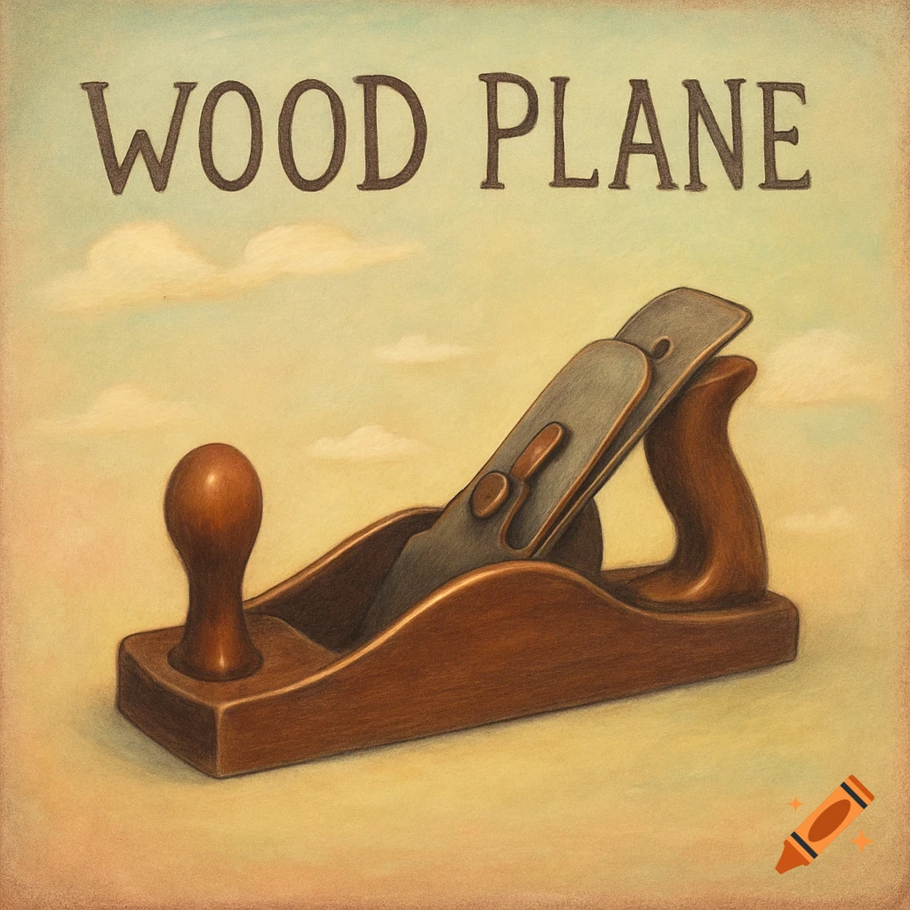 An illustrated album cover depicting a wooden plane against a pastel sky, with 'WOOD PLANE' text.